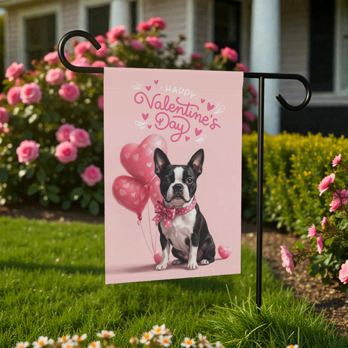 Black and White Boston Terrier Happy Valentine's Day Garden Flag - front view - Dragonfire Gardens