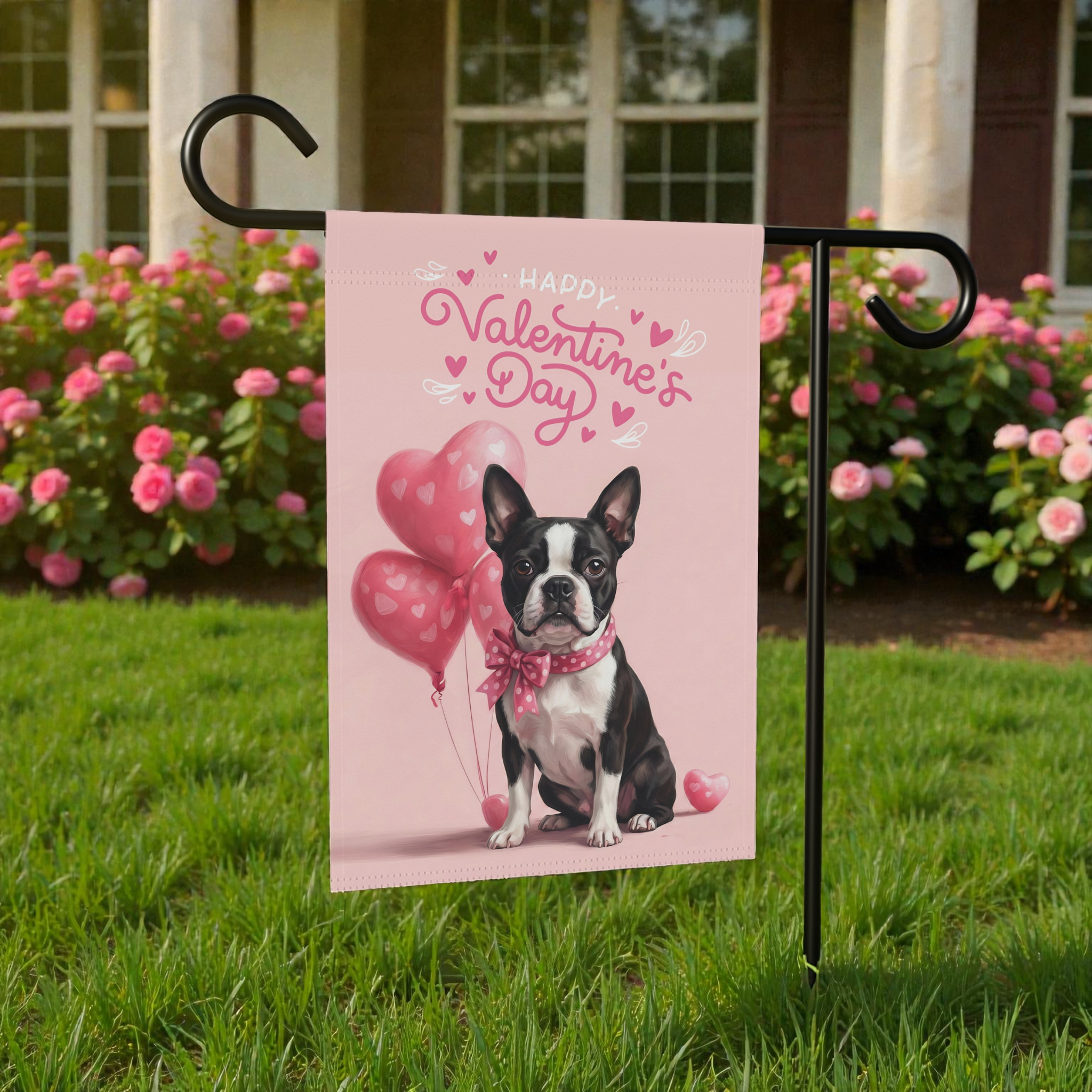 Black and White Boston Terrier Happy Valentine's Day Garden Flag