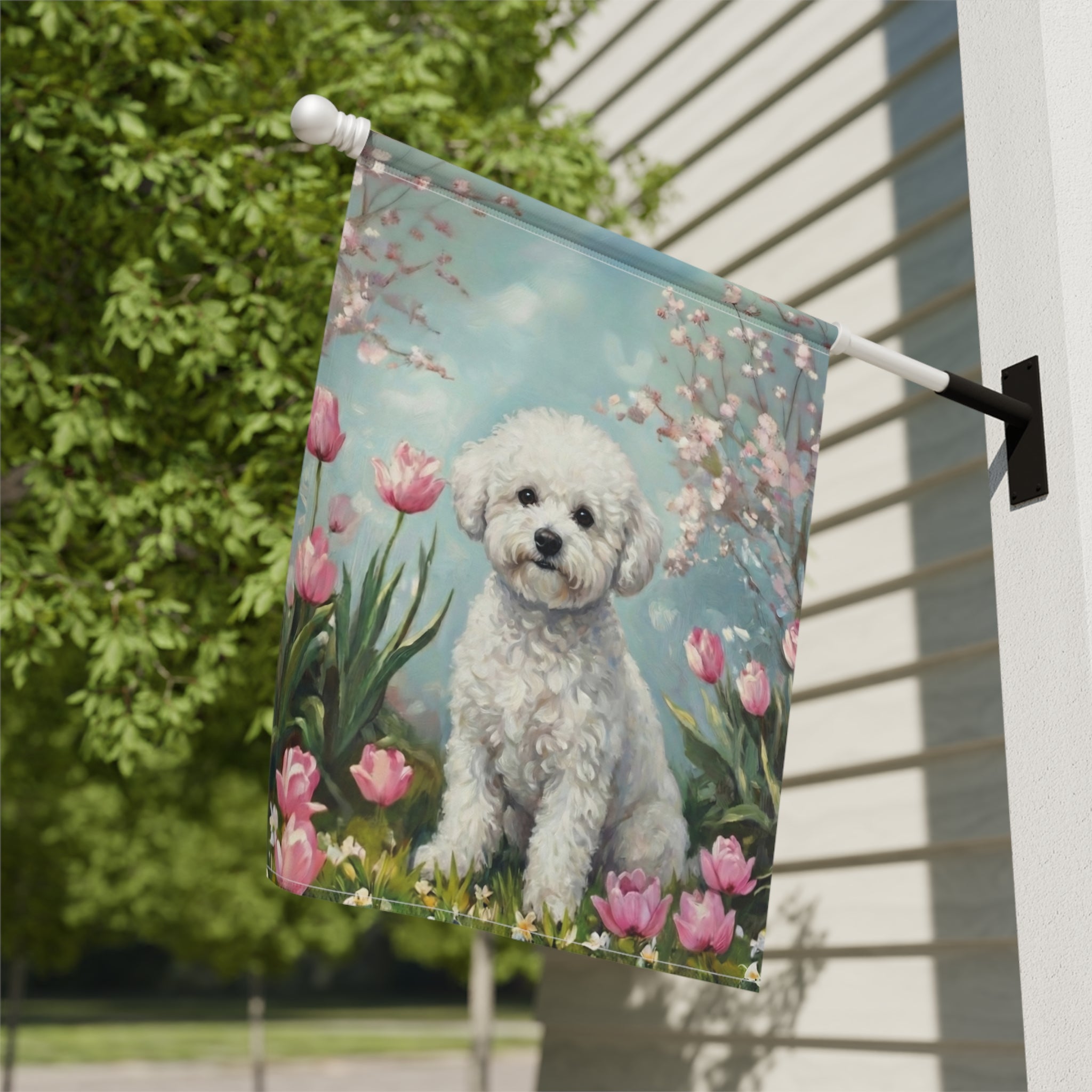 Bichon Frise in the Tulips Spring Garden Flag - close-up detail - Dragonfire Gardens