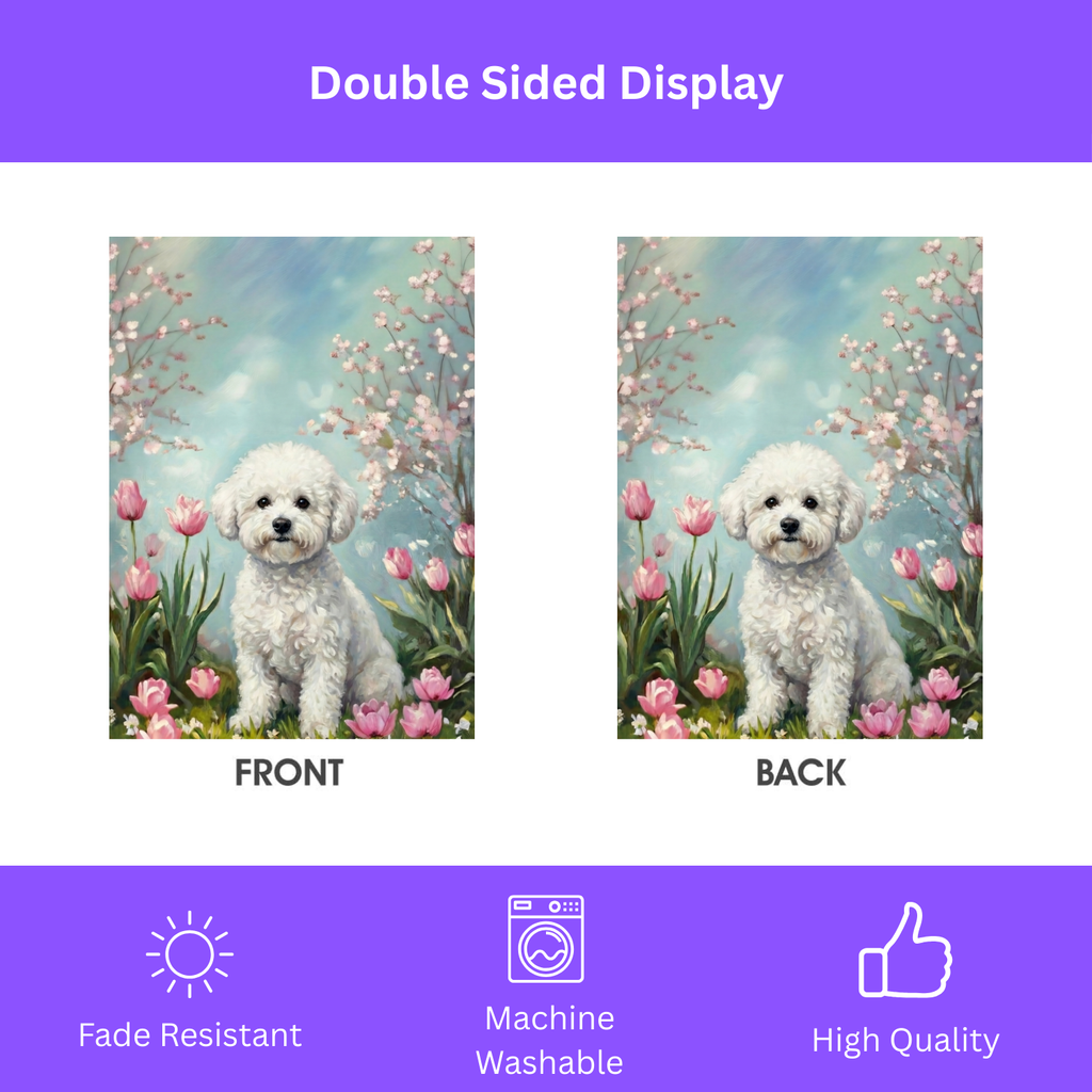 Bichon Frise in the Tulips Spring Garden Flag - yard display - Dragonfire Gardens