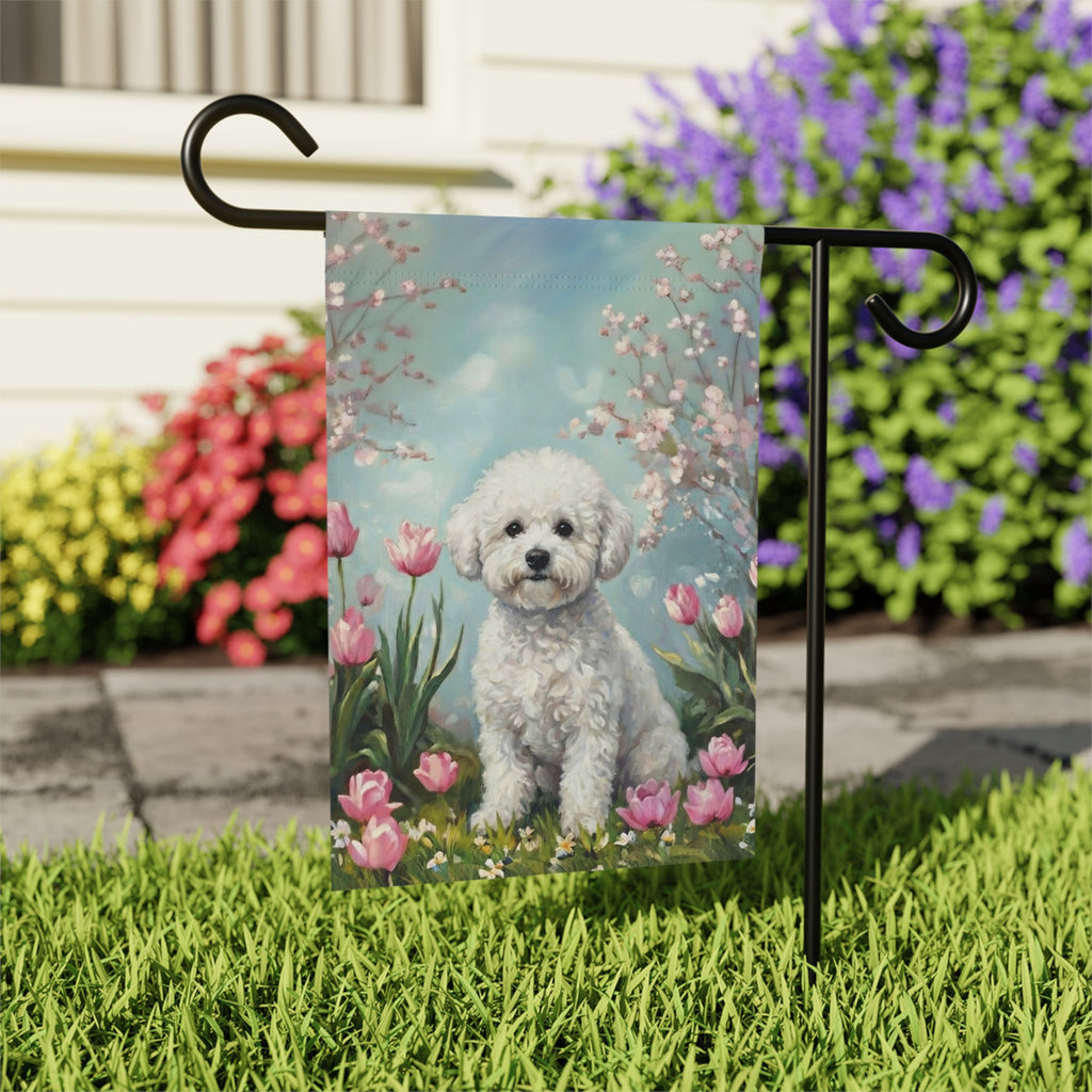 Bichon Frise in the Tulips Spring Garden Flag - outdoor display - Dragonfire Gardens