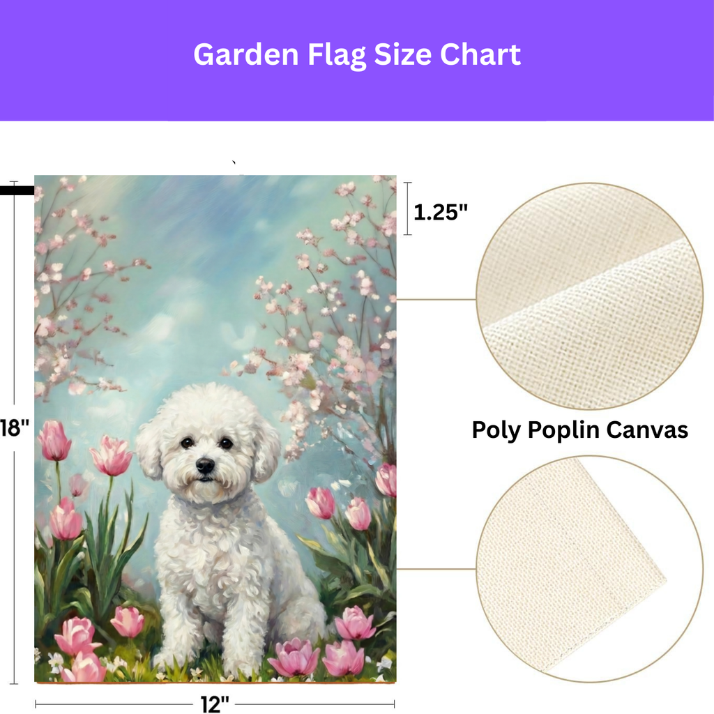 Bichon Frise in the Tulips Spring Garden Flag - double-sided design - Dragonfire Gardens