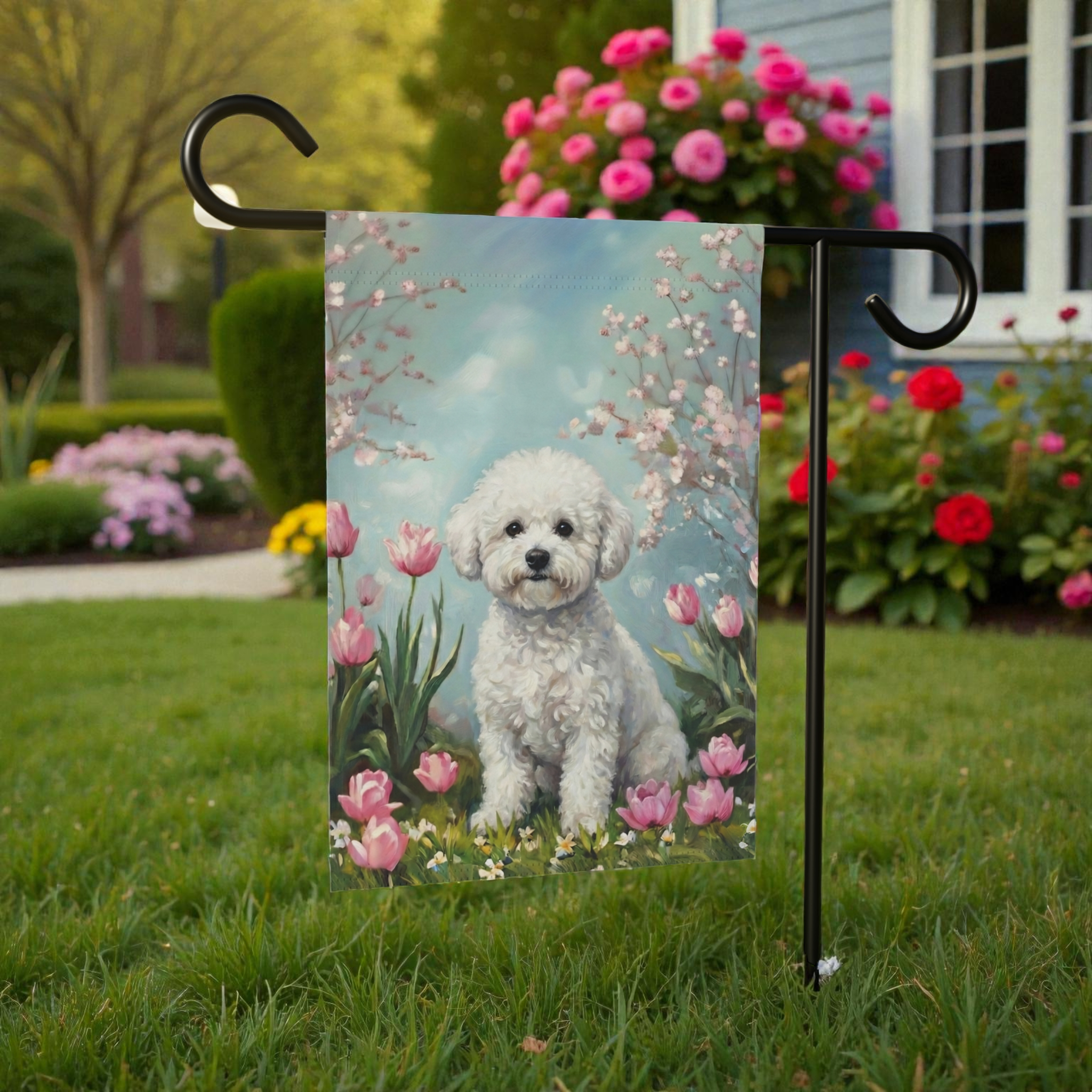 Bichon Frise in the Tulips Spring Garden Flag - size comparison - Dragonfire Gardens