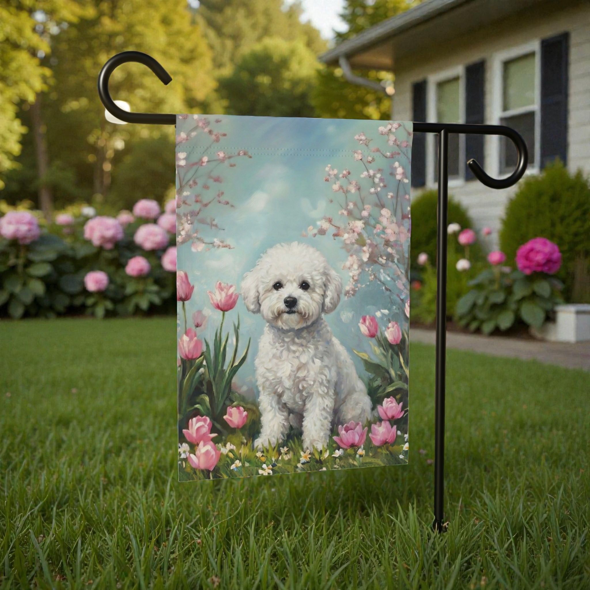Bichon Frise in the Tulips Spring Garden Flag - product detail - Dragonfire Gardens