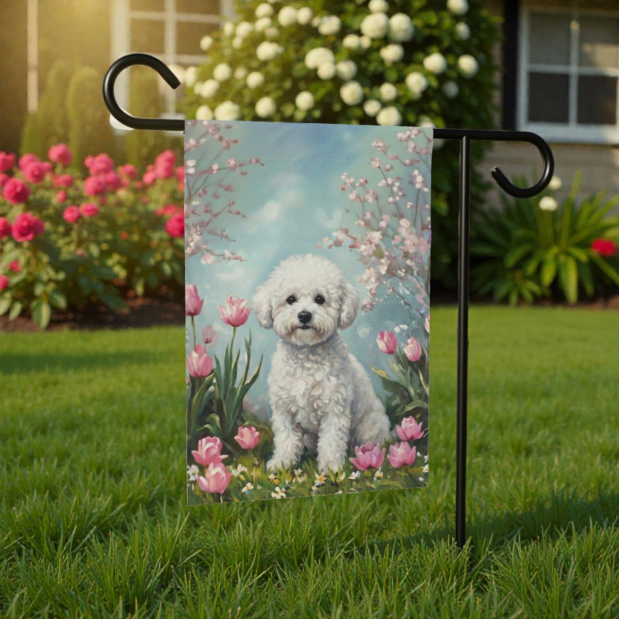 Bichon Frise in the Tulips Spring Garden Flag - lifestyle display - Dragonfire Gardens