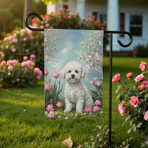 Bichon Frise in the Tulips Spring Garden Flag - front view - Dragonfire Gardens