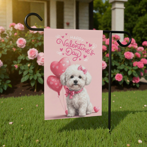 Bichon Frise Happy Valentine's Day Garden Flag - front view - Dragonfire Gardens