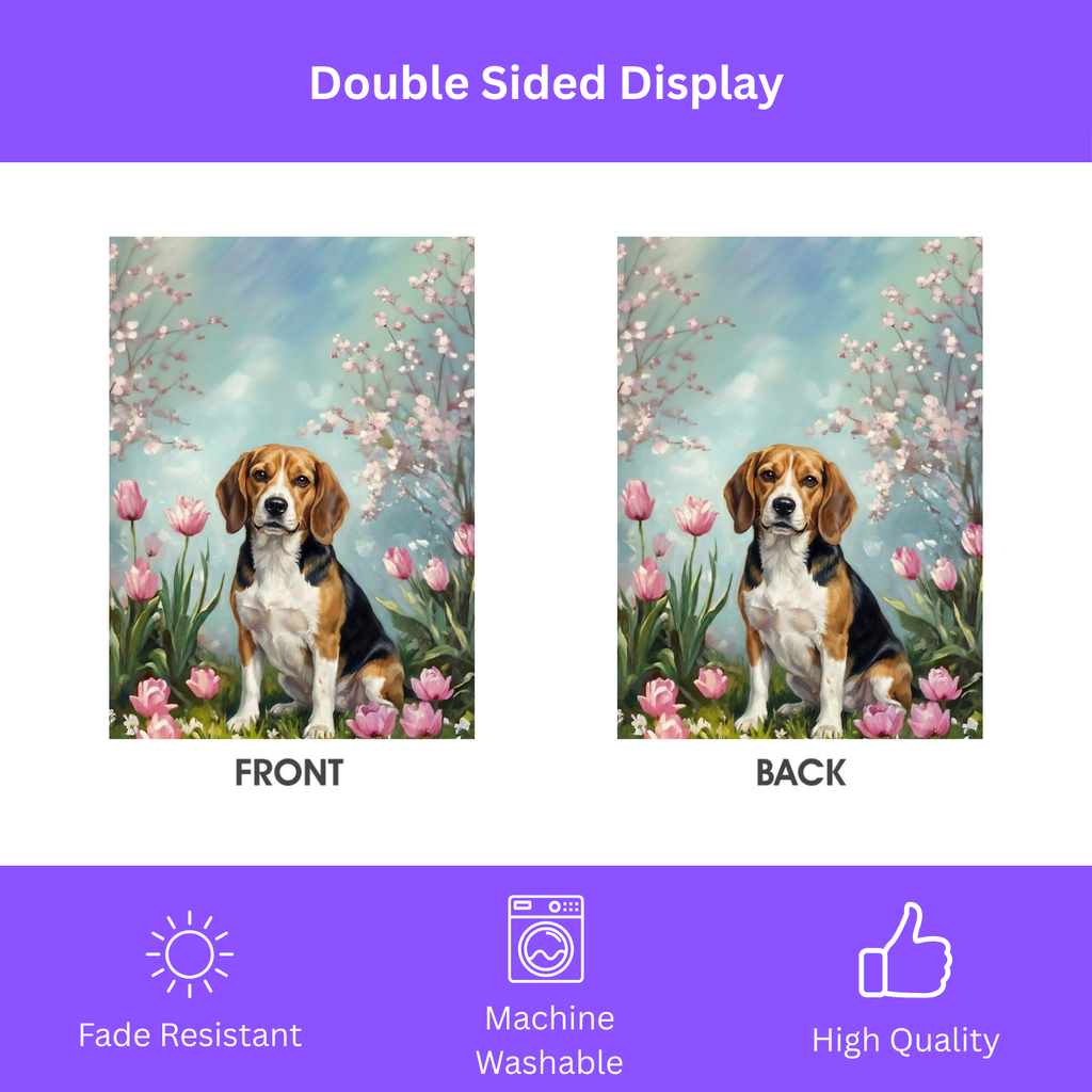 Beagle in the Tulips Spring Garden Flag - double-sided design - Dragonfire Gardens