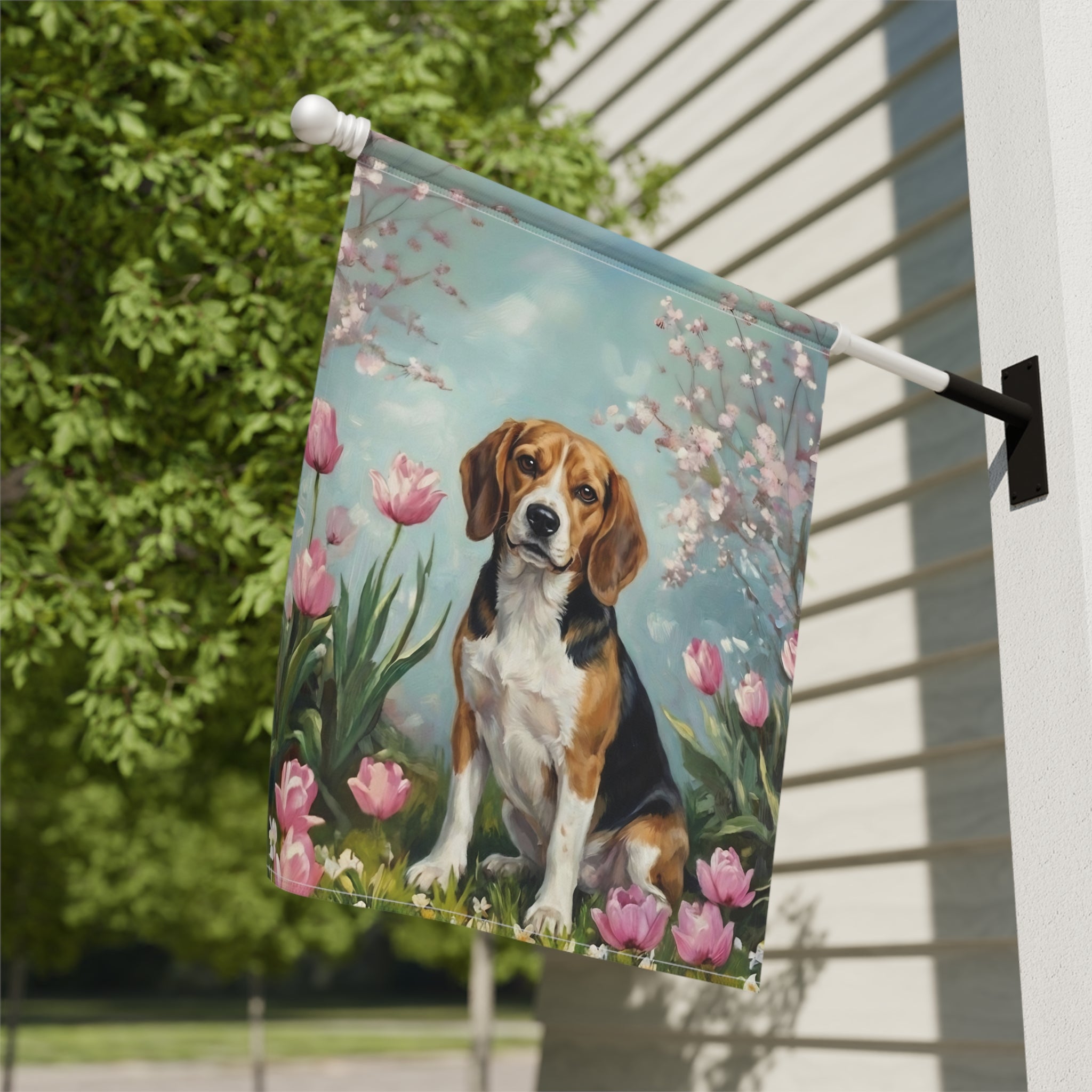 Beagle in the Tulips Spring Garden Flag - close-up detail - Dragonfire Gardens