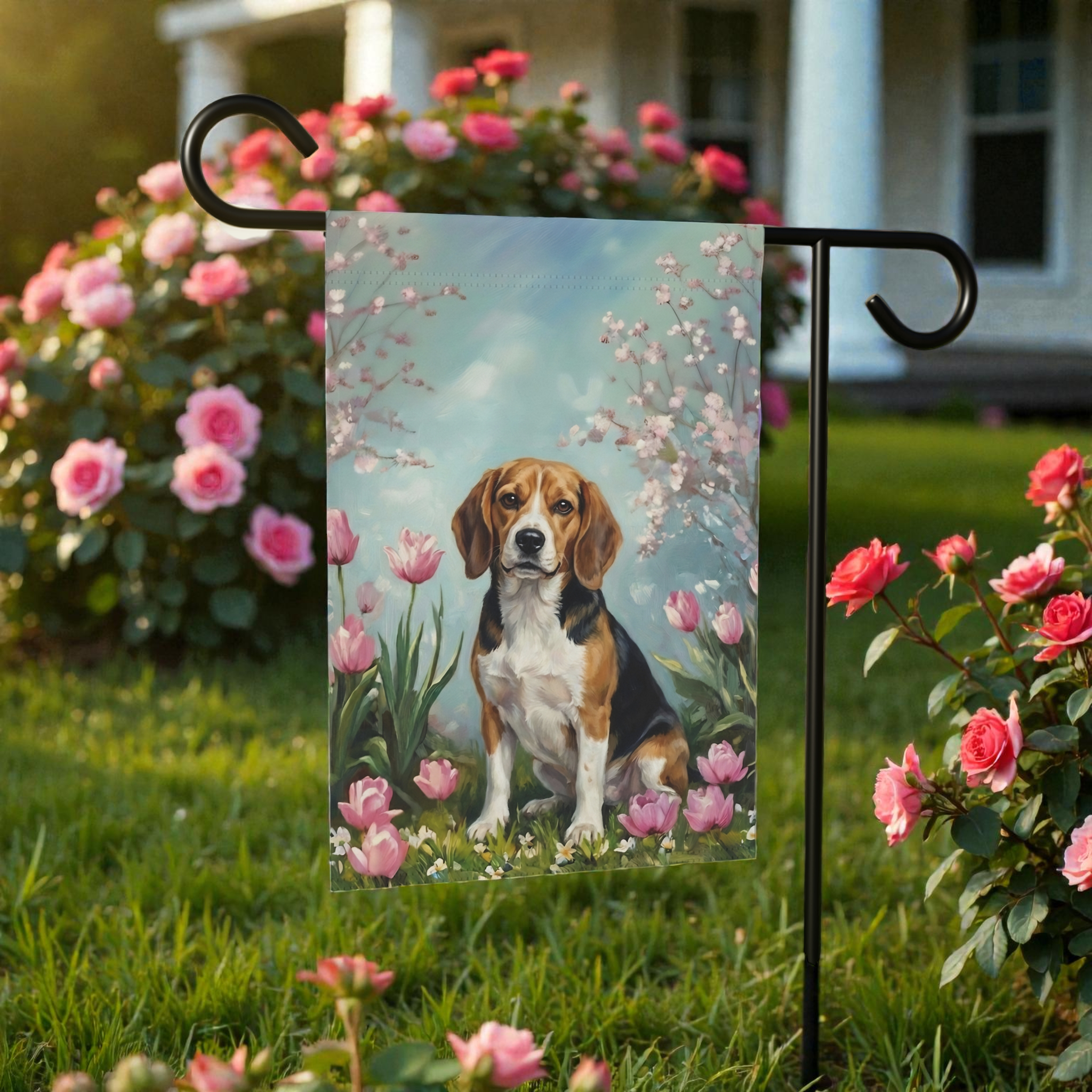 Beagle in the Tulips Spring Garden Flag - size comparison - Dragonfire Gardens