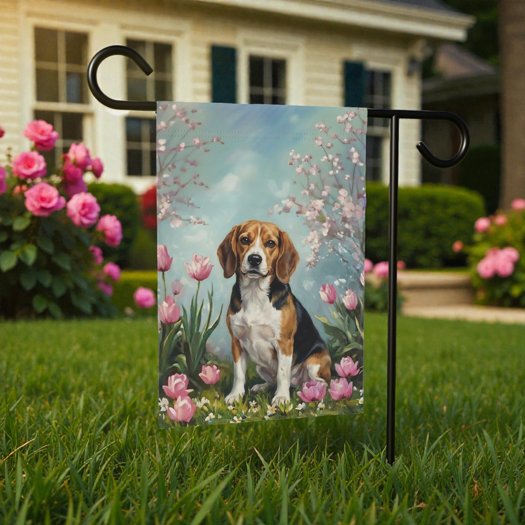 Beagle in the Tulips Spring Garden Flag - front view - Dragonfire Gardens