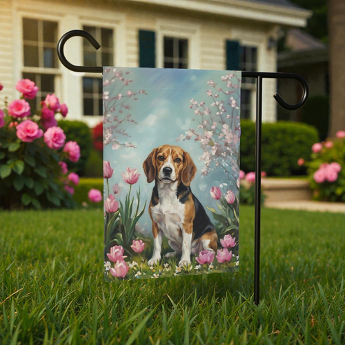 Beagle in the Tulips Spring Garden Flag - front view - Dragonfire Gardens