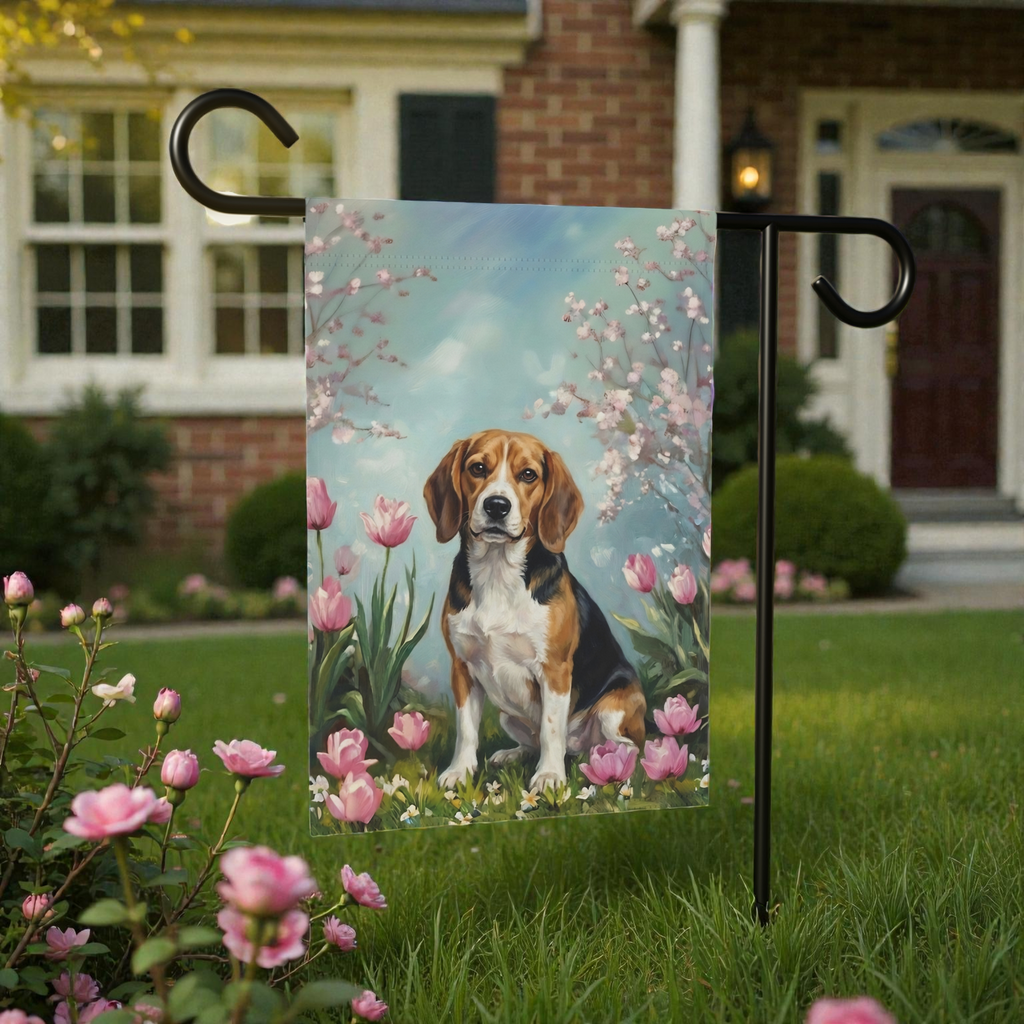 Beagle in the Tulips Spring Garden Flag - product detail - Dragonfire Gardens