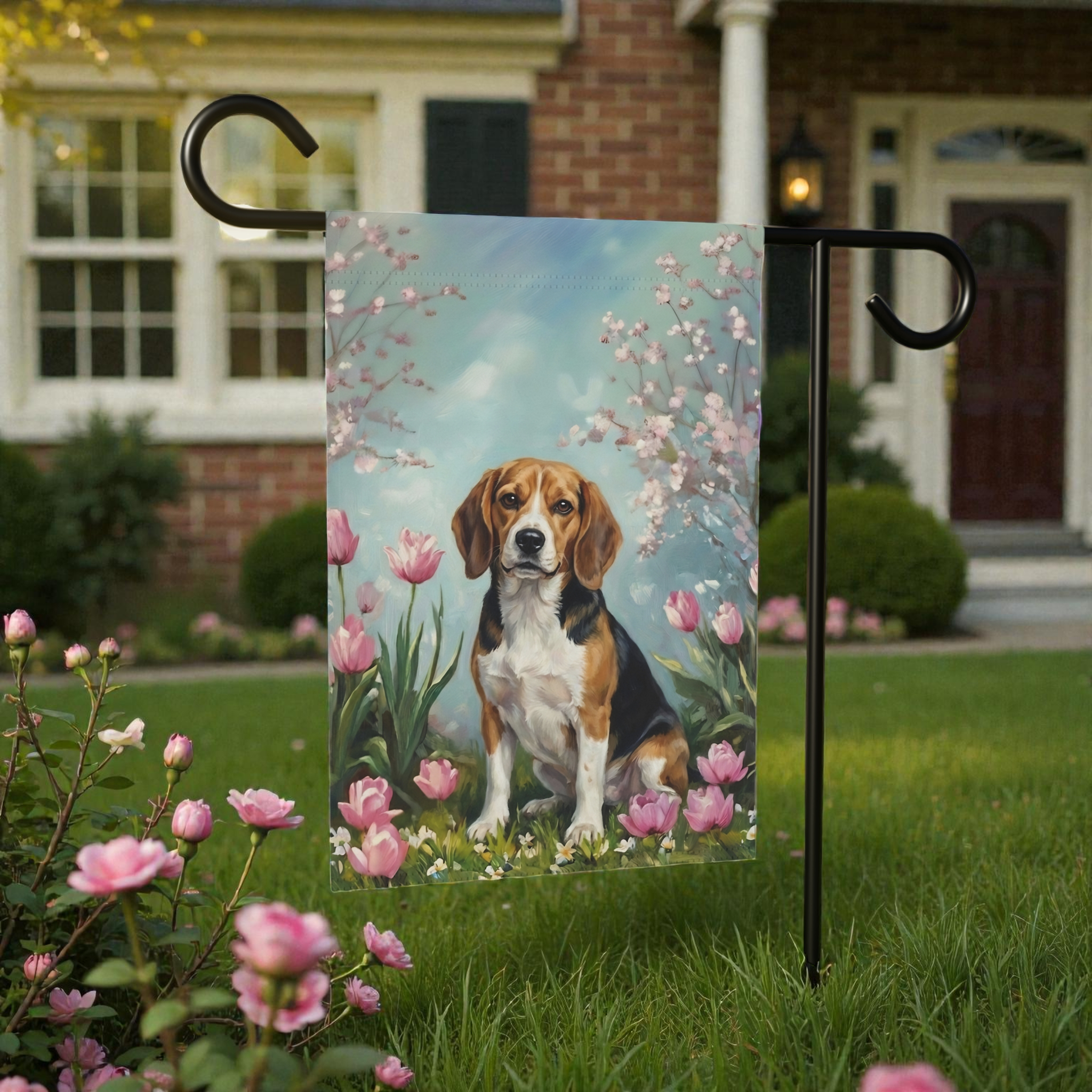 Beagle in the Tulips Spring Garden Flag - product detail - Dragonfire Gardens
