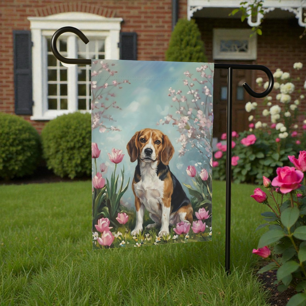 Beagle in the Tulips Spring Garden Flag - lifestyle display - Dragonfire Gardens