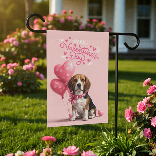 Beagle Happy Valentine's Day Garden Flag - front view - Dragonfire Gardens