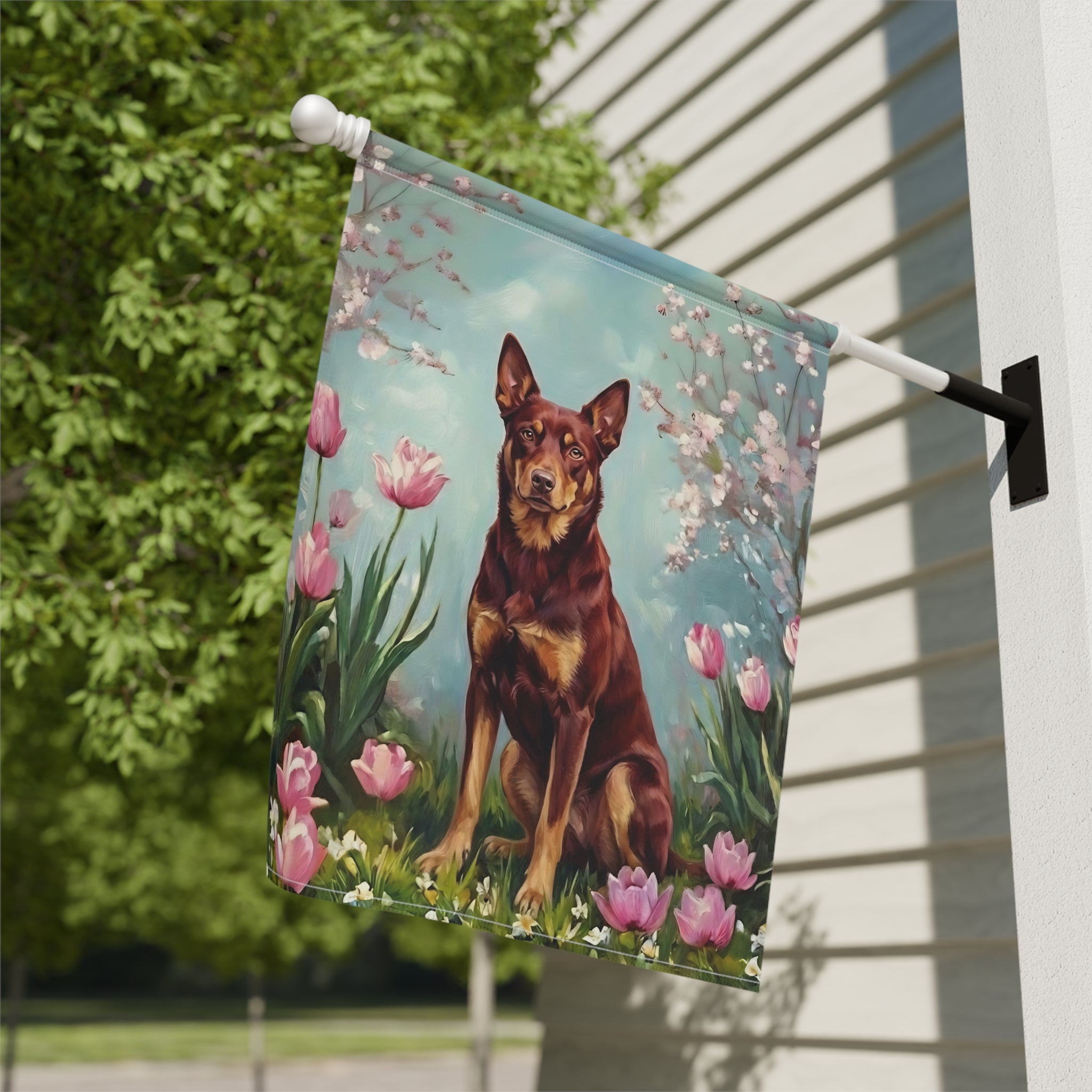 Australian Kelpie in Tulips Spring Garden Flag