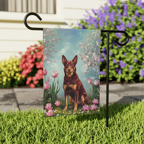 Australian Kelpie in Tulips Spring Garden Flag - outdoor display - Dragonfire Gardens