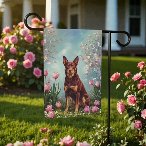 Australian Kelpie in Tulips Spring Garden Flag - front view - Dragonfire Gardens