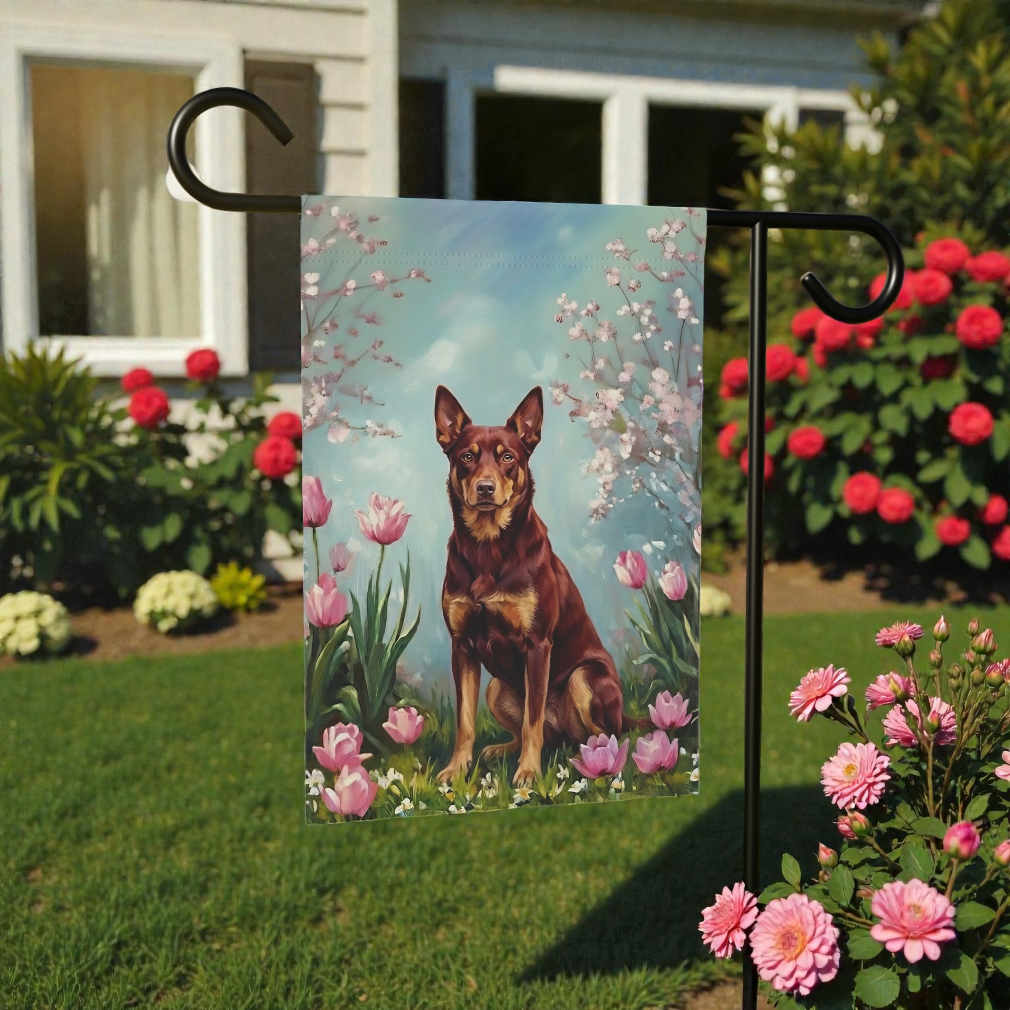 Australian Kelpie in Tulips Spring Garden Flag
