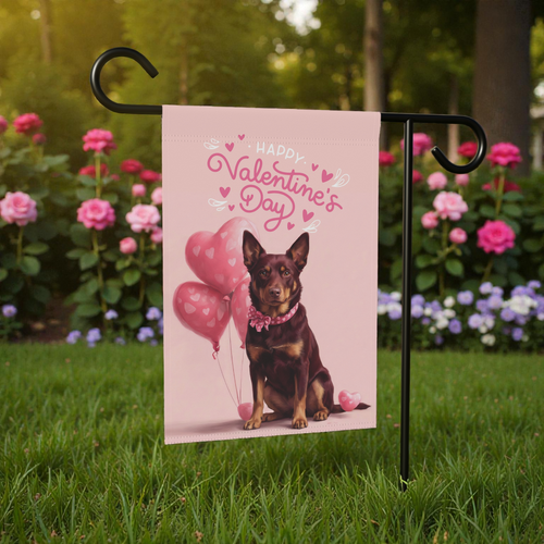 Australian Kelpie Happy Valentine's Day Garden Flag - front view - Dragonfire Gardens
