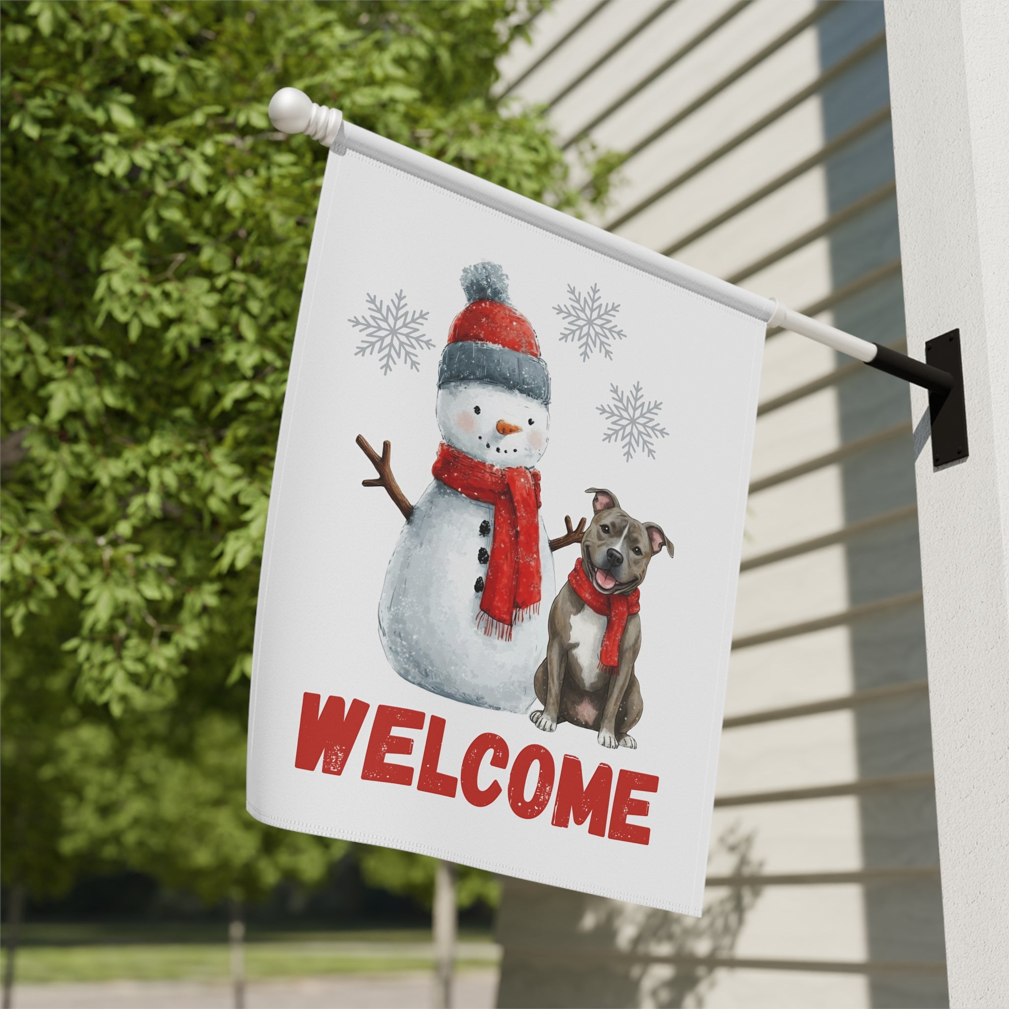 Pit Bull Terrier and Snowman Christmas Garden Flag - close-up detail - Dragonfire Gardens