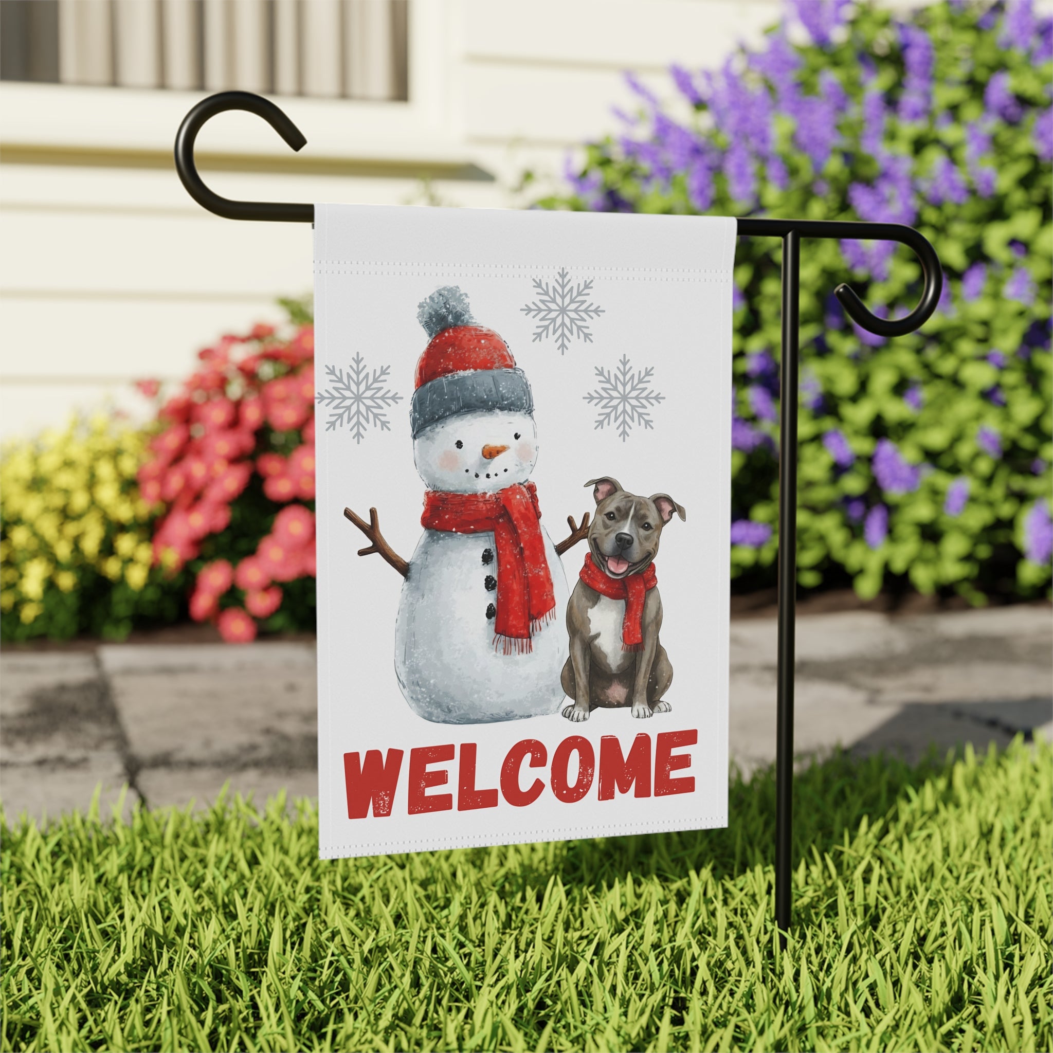 Pit Bull Terrier and Snowman Christmas Garden Flag - outdoor display - Dragonfire Gardens