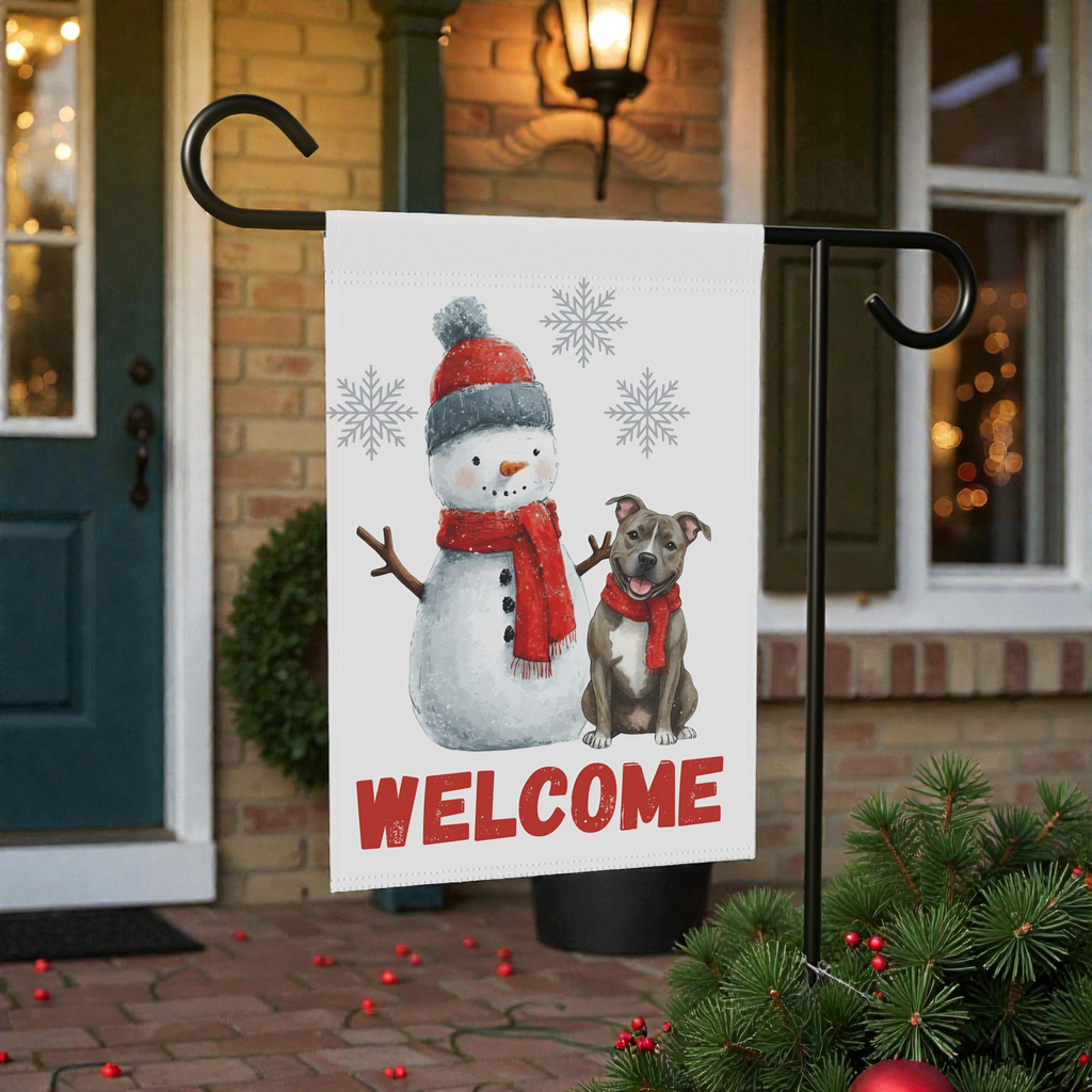 Pit Bull Terrier and Snowman Christmas Garden Flag - size comparison - Dragonfire Gardens