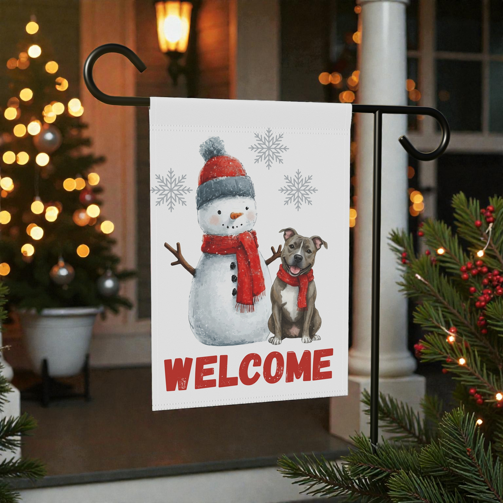 Pit Bull Terrier and Snowman Christmas Garden Flag - front view - Dragonfire Gardens