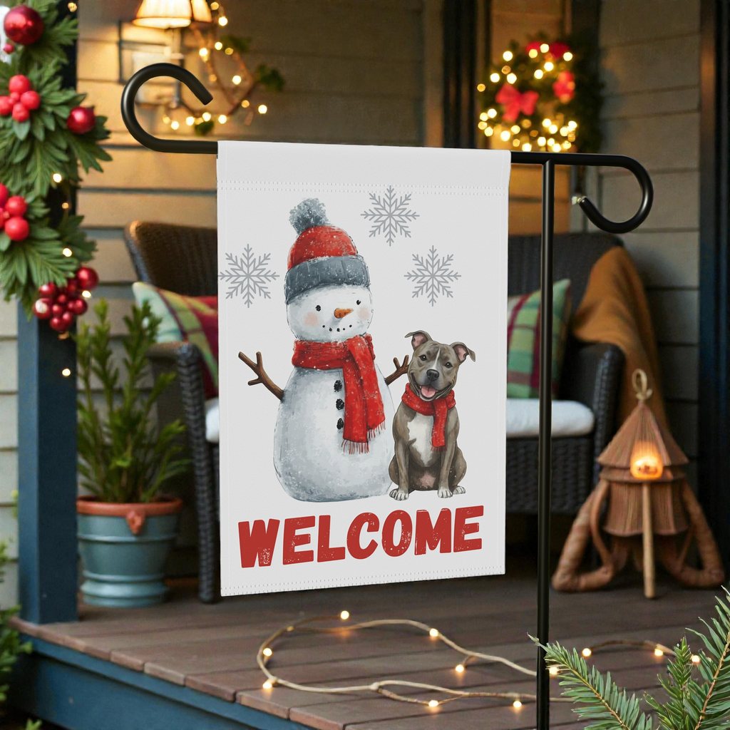 Pit Bull Terrier and Snowman Christmas Garden Flag - lifestyle display - Dragonfire Gardens
