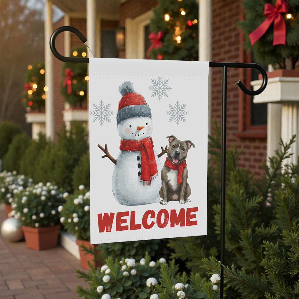 Pit Bull Terrier and Snowman Christmas Garden Flag - product detail - Dragonfire Gardens
