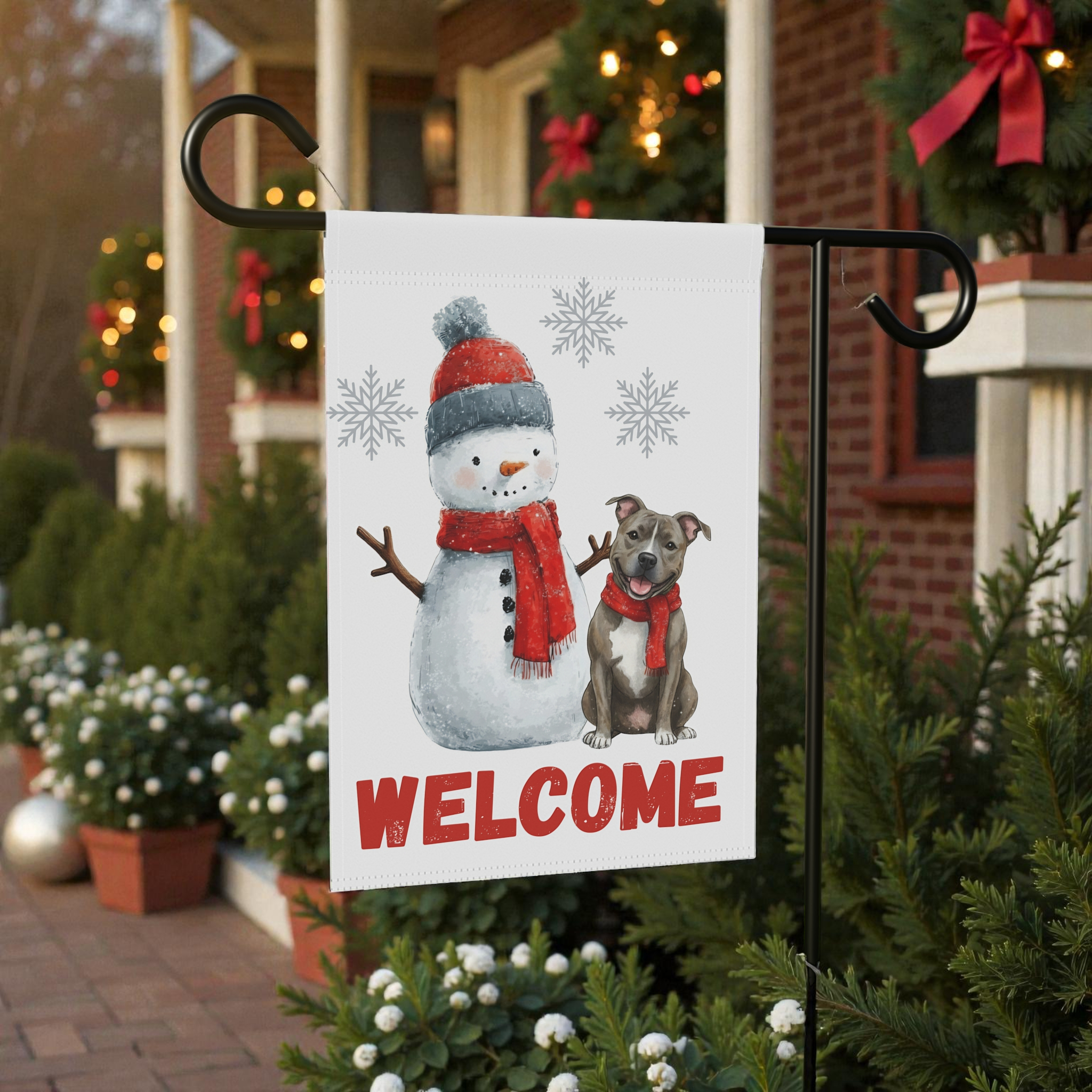 Pit Bull Terrier and Snowman Christmas Garden Flag - product detail - Dragonfire Gardens