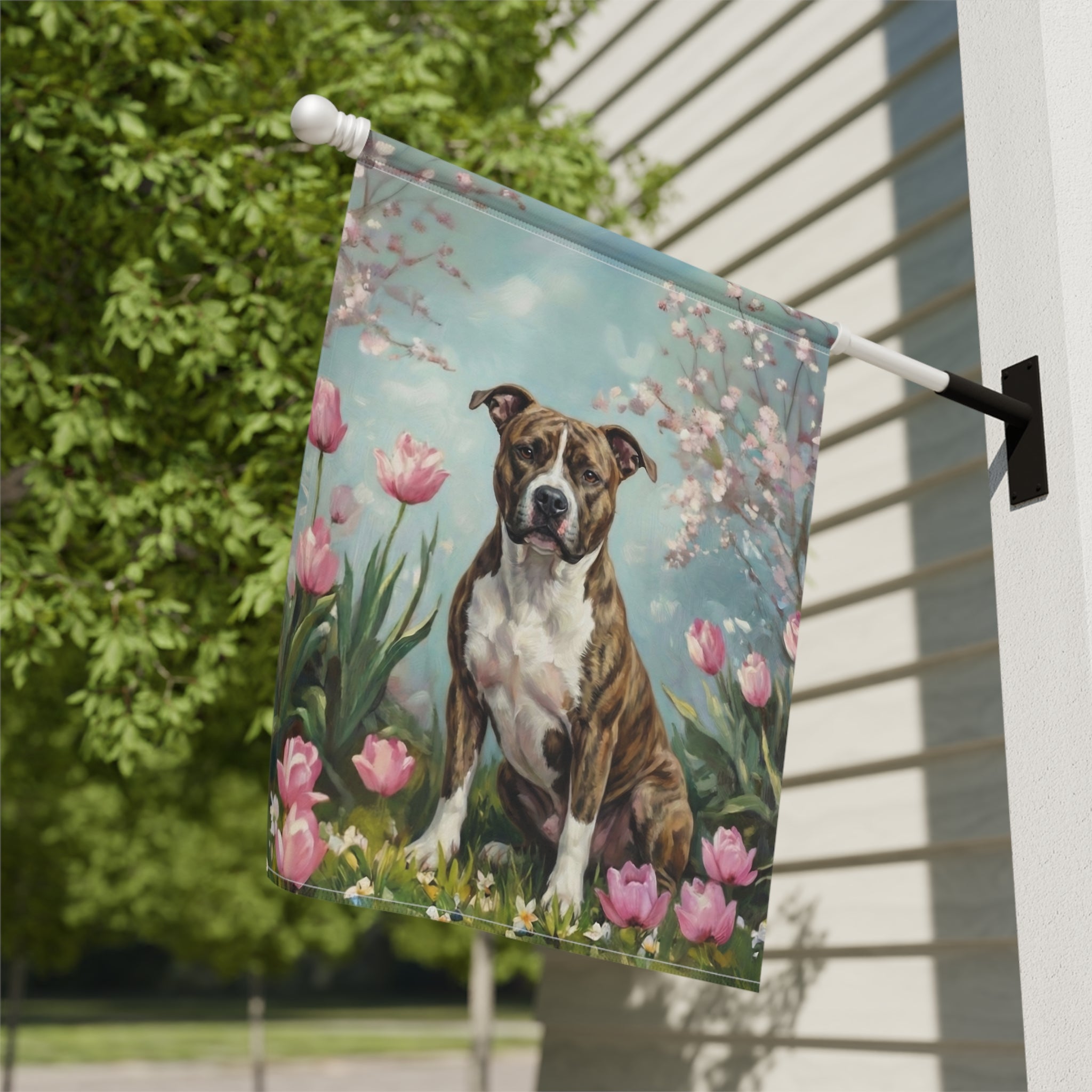 Pit Bull Terrier in the Tulips Spring Garden Flag - close-up detail - Dragonfire Gardens