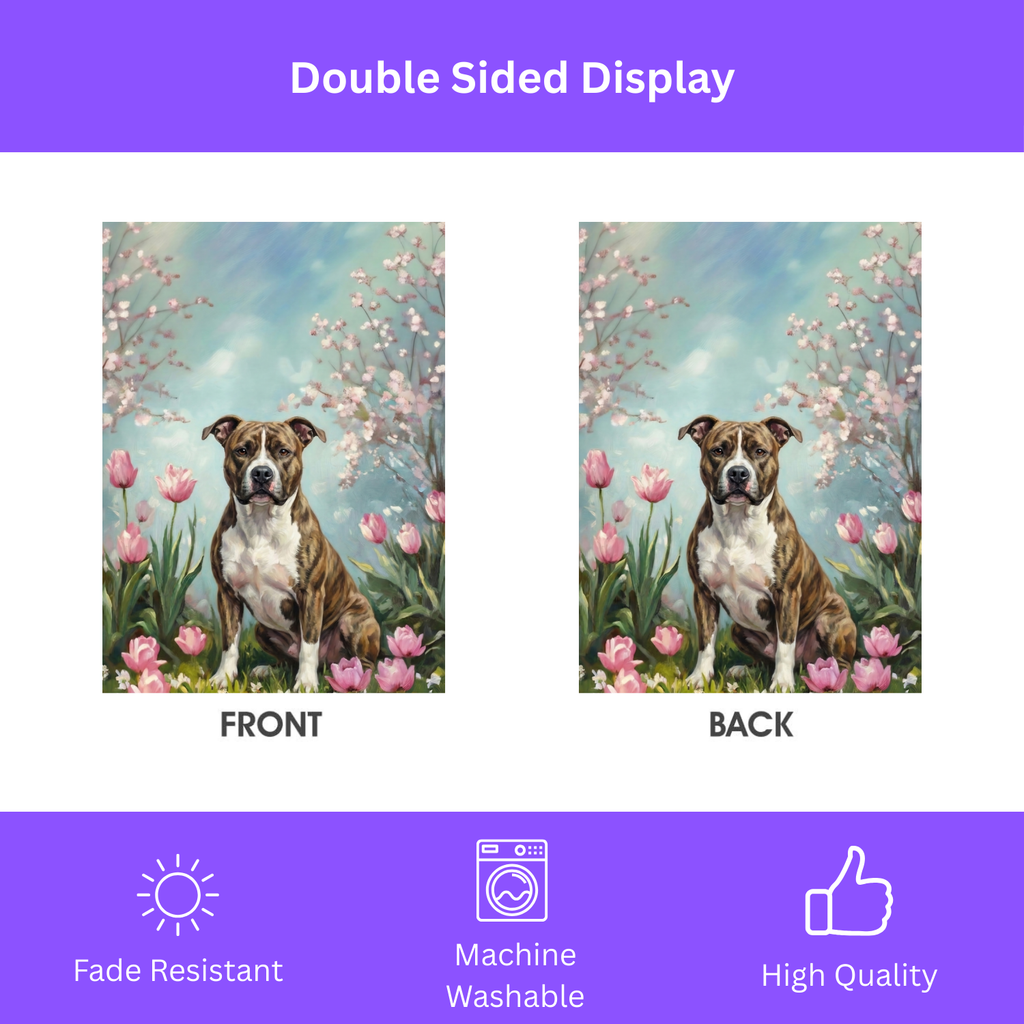 Pit Bull Terrier in the Tulips Spring Garden Flag - double-sided design - Dragonfire Gardens