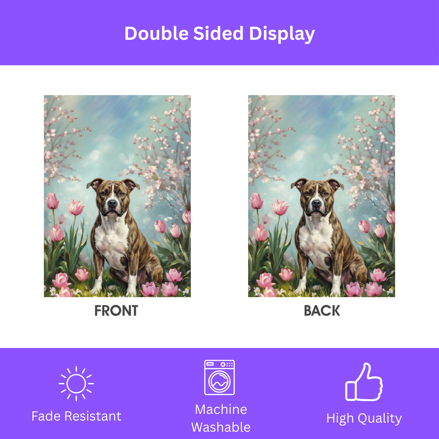Pit Bull Terrier in the Tulips Spring Garden Flag - double-sided design - Dragonfire Gardens