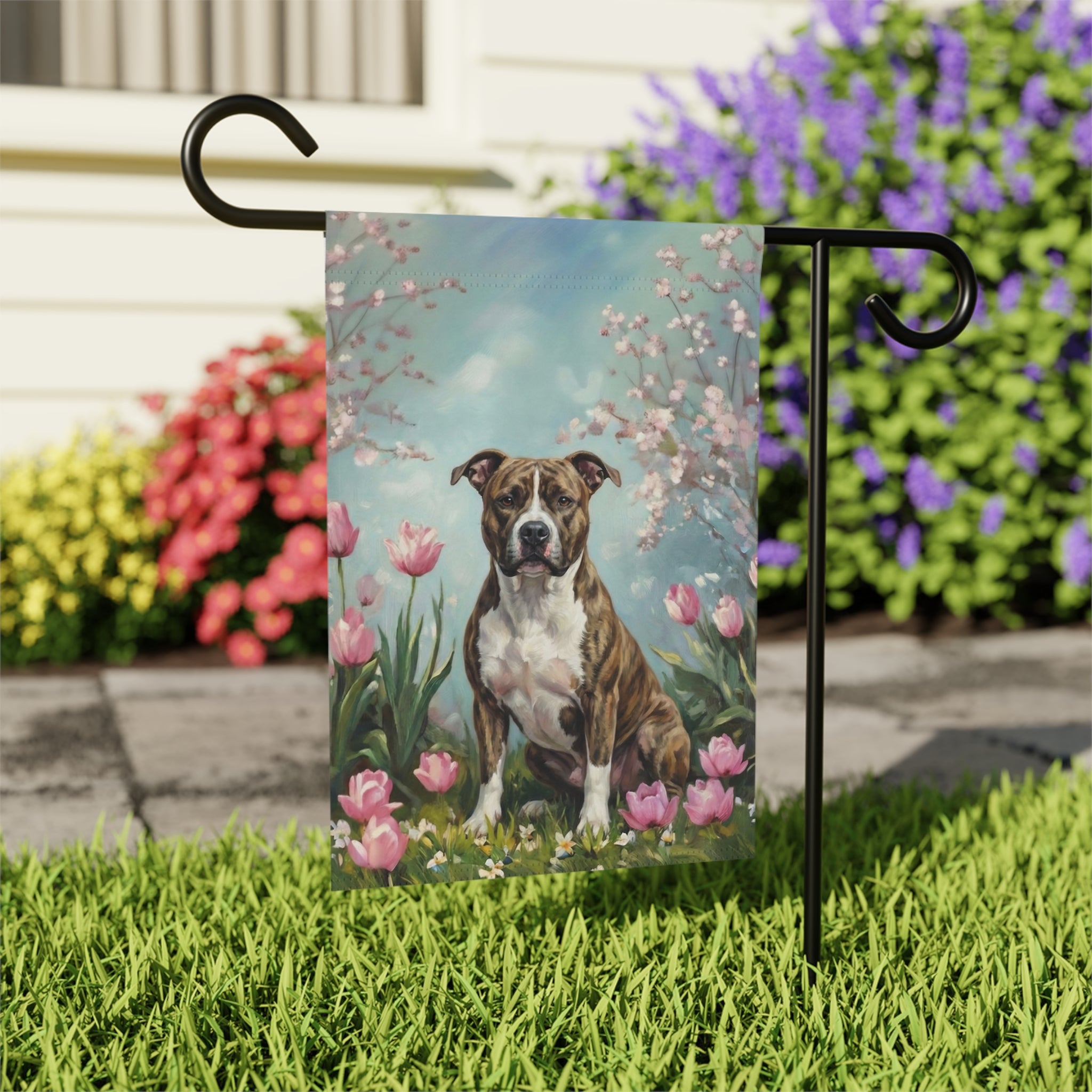 Pit Bull Terrier in the Tulips Spring Garden Flag - outdoor display - Dragonfire Gardens