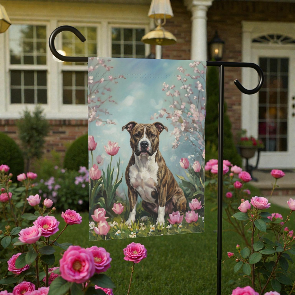 Pit Bull Terrier in the Tulips Spring Garden Flag - size comparison - Dragonfire Gardens