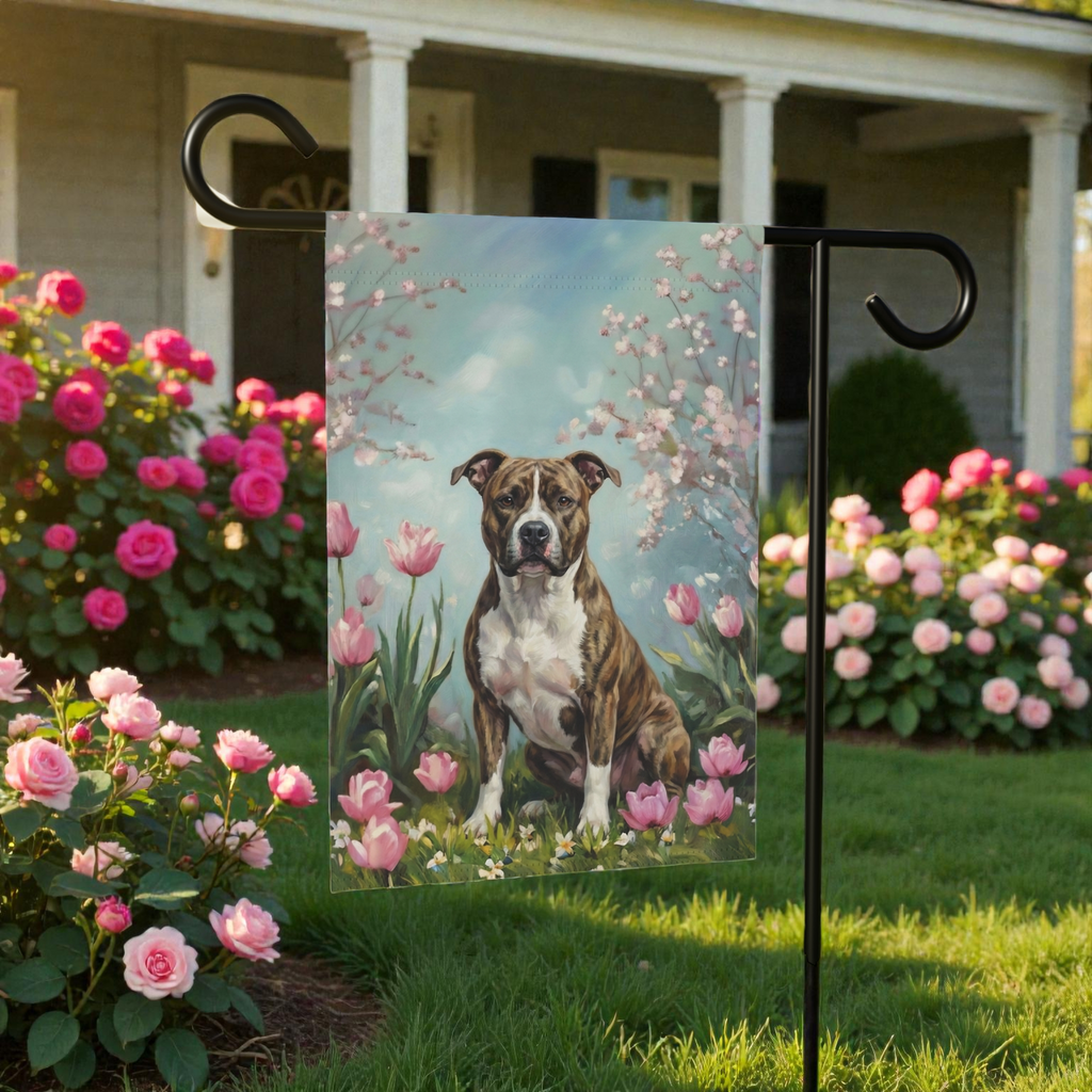 Pit Bull Terrier in the Tulips Spring Garden Flag - product detail - Dragonfire Gardens