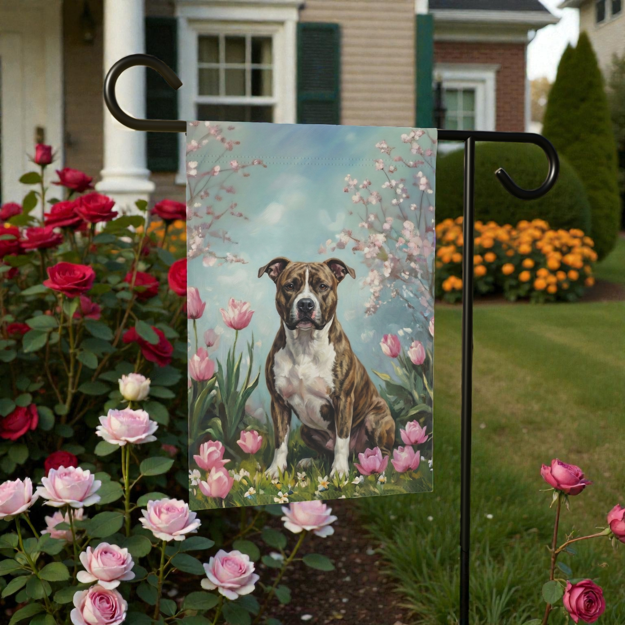 Pit Bull Terrier in the Tulips Spring Garden Flag - lifestyle display - Dragonfire Gardens