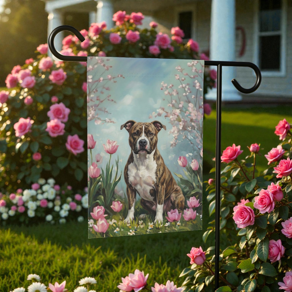 Pit Bull Terrier in the Tulips Spring Garden Flag - front view - Dragonfire Gardens