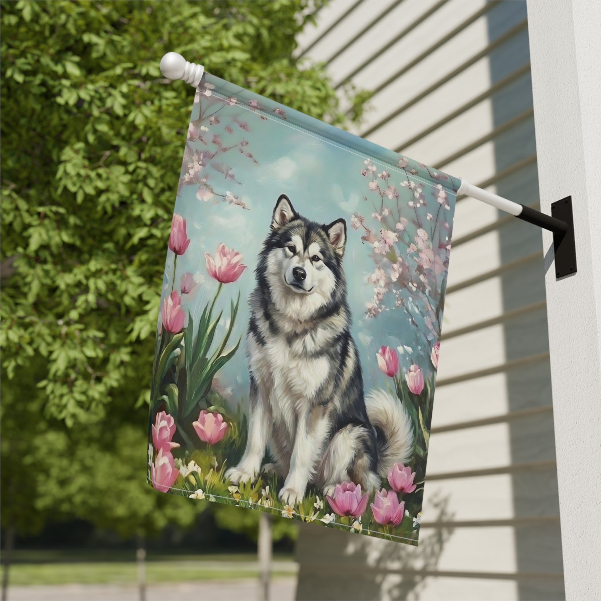 Alaskan Malamute In Tulips Spring Garden Flag - close-up detail - Dragonfire Gardens