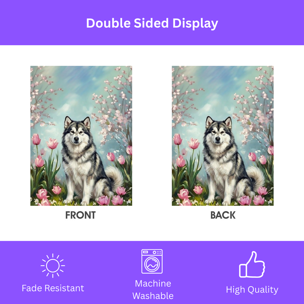 Alaskan Malamute In Tulips Spring Garden Flag - double-sided design - Dragonfire Gardens