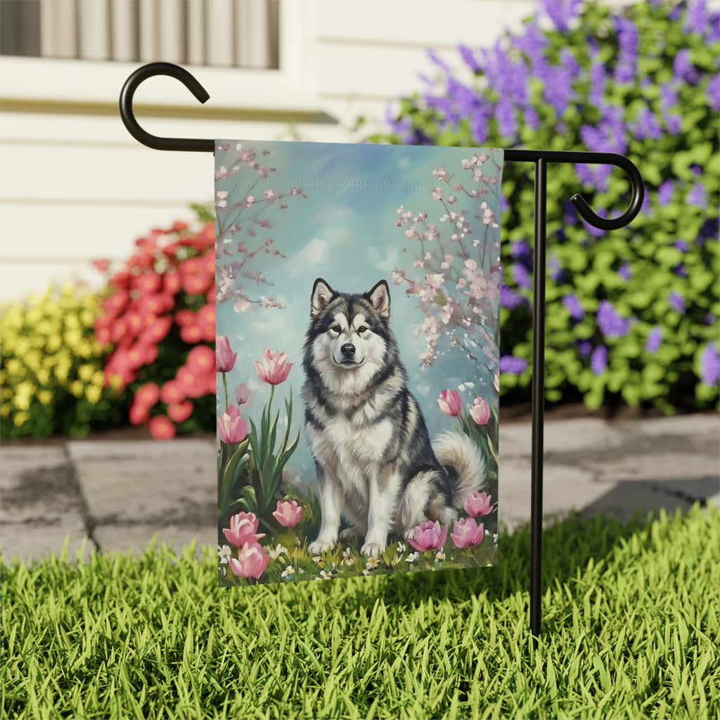 Alaskan Malamute In Tulips Spring Garden Flag - outdoor display - Dragonfire Gardens