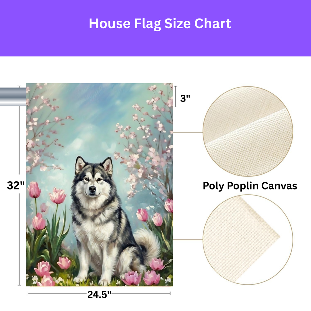 Alaskan Malamute In Tulips Spring Garden Flag - yard display - Dragonfire Gardens