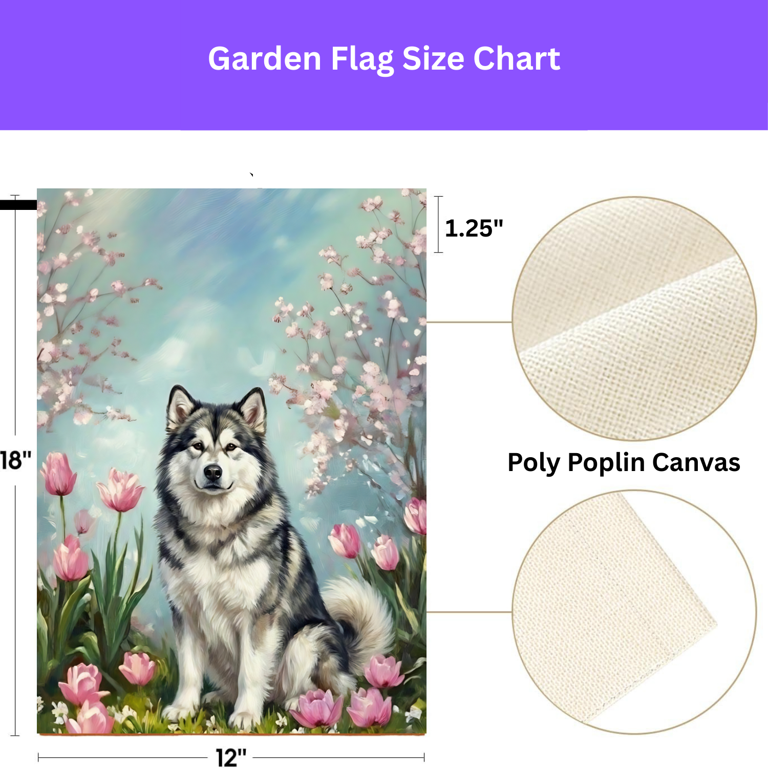 Alaskan Malamute In Tulips Spring Garden Flag - porch decor - Dragonfire Gardens