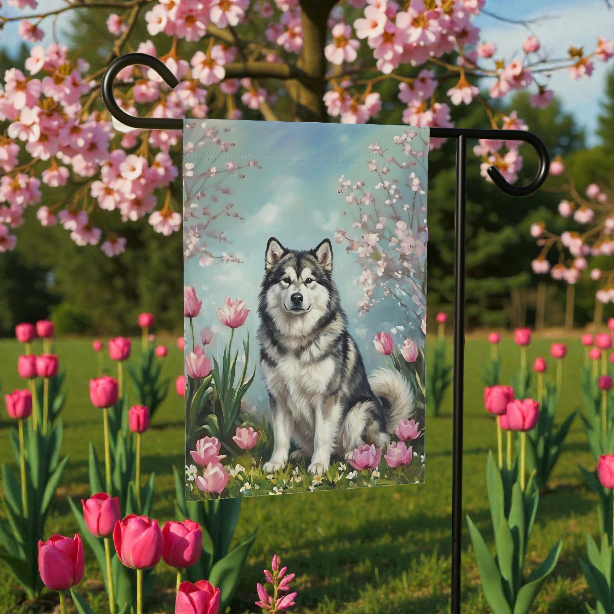 Alaskan Malamute In Tulips Spring Garden Flag - front view - Dragonfire Gardens