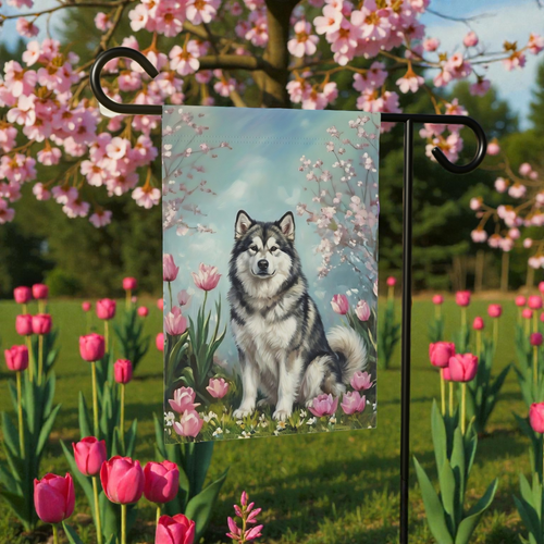 Alaskan Malamute In Tulips Spring Garden Flag - front view - Dragonfire Gardens