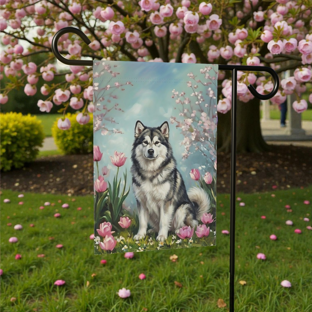 Alaskan Malamute In Tulips Spring Garden Flag - size comparison - Dragonfire Gardens