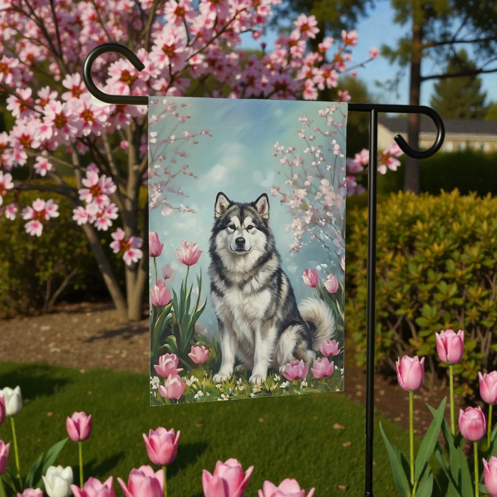 Alaskan Malamute In Tulips Spring Garden Flag - lifestyle display - Dragonfire Gardens