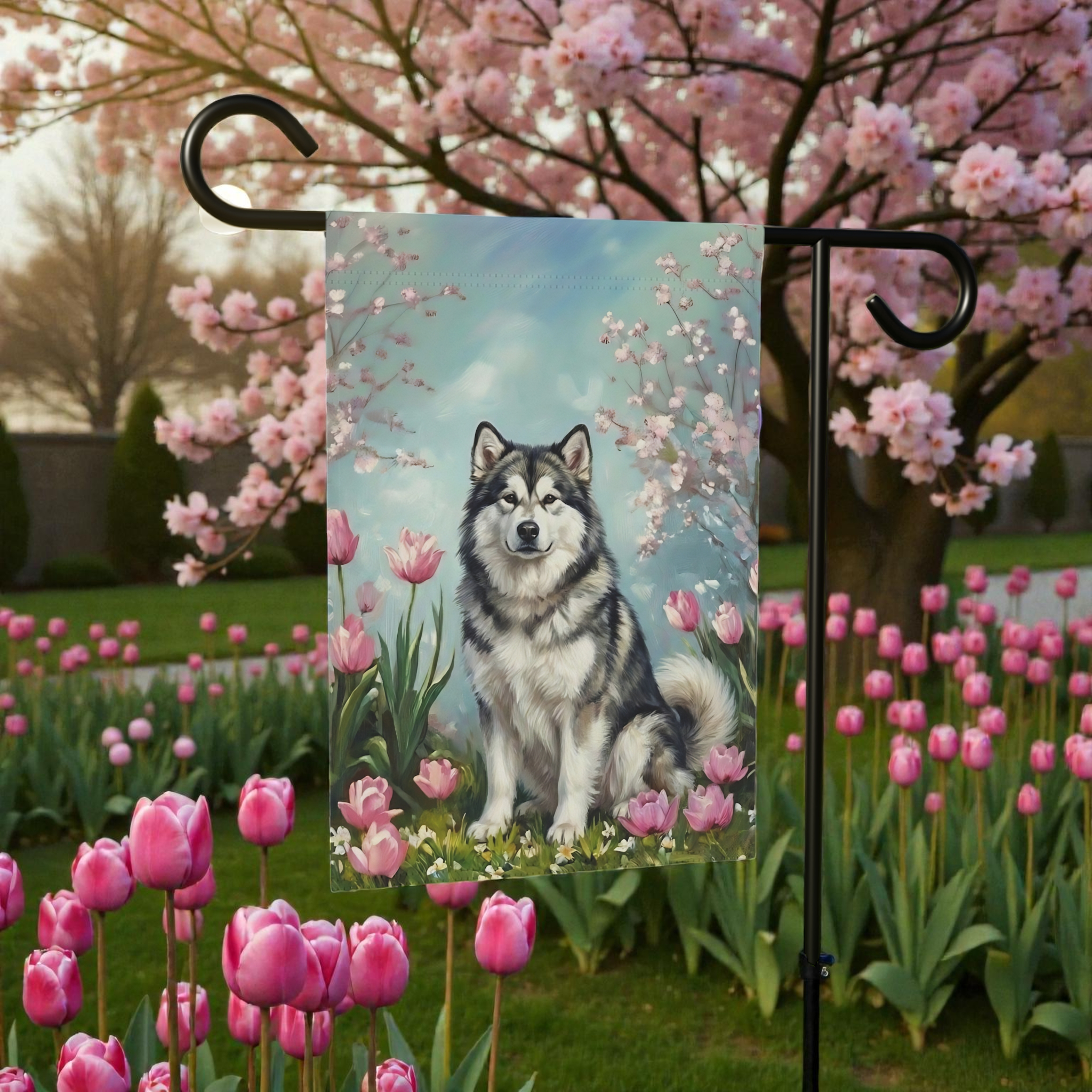 Alaskan Malamute In Tulips Spring Garden Flag - product detail - Dragonfire Gardens